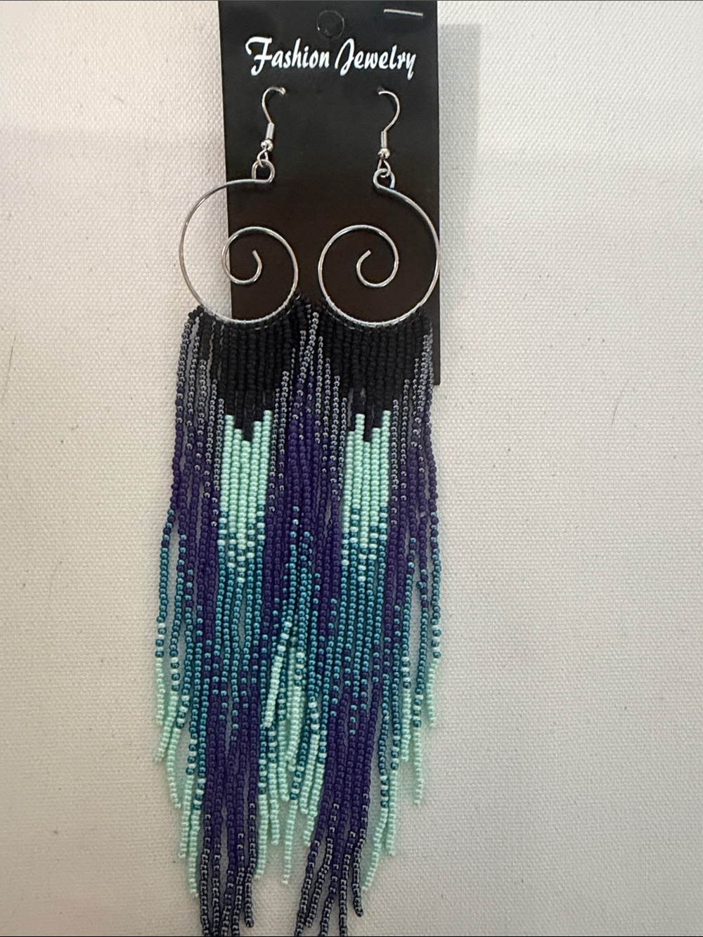 Fashion Jewelry Mint, Purple & Black Beaded Fringe Spiral Hoop Earrings